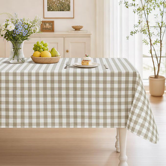 Seenus Khaki Gingham Flannel Backed Tablecloth for 8 ft Table, Waterproof & Easy Clean Checkered Table Cloth for Summer Camping, Outdoor Picnic & Large Event Party, 60 x 120 Inch