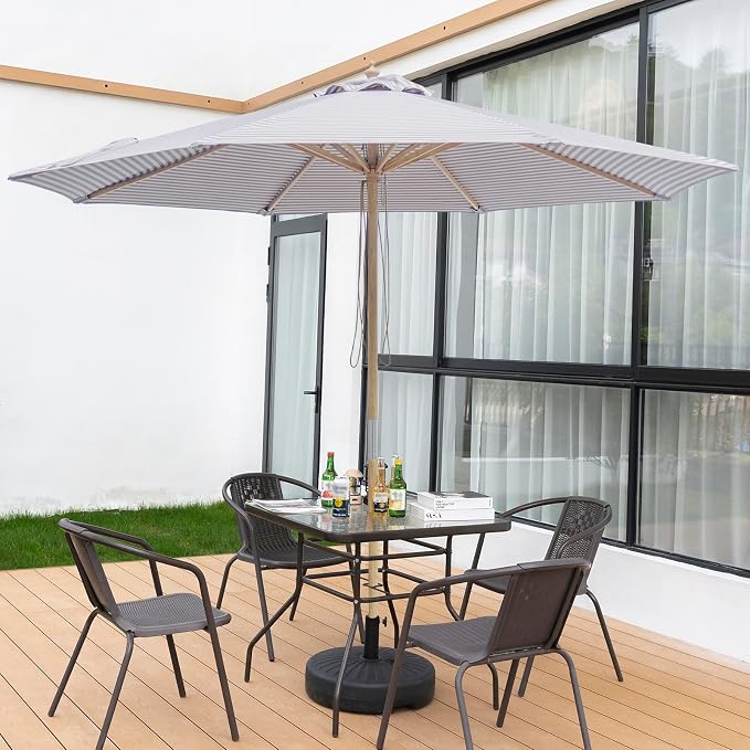 9FT/10FT Wood Patio Umbrella, Large Outdoor Table Pool Umbrella | 205G Olefin/180G Polyester Fabric, Push-Pull Operation Market Umbrella, 8 Rib Vented Canopy, Ideal for Patio, Backyard