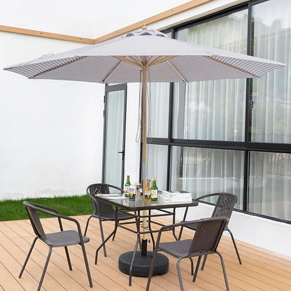 9FT/10FT Wood Patio Umbrella, Large Outdoor Table Pool Umbrella | 205G Olefin/180G Polyester Fabric, Push-Pull Operation Market Umbrella, 8 Rib Vented Canopy, Ideal for Patio, Backyard