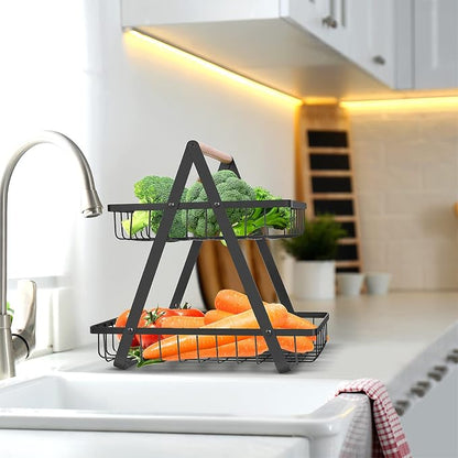 mahueeol 2-Tier Metal Fruit Basket for Kitchen Counter with Wooden Handle | Detachable rectangular baskets hold fruits, vegetables, bread and snacks; use stacked or separately in kitchens and pantries