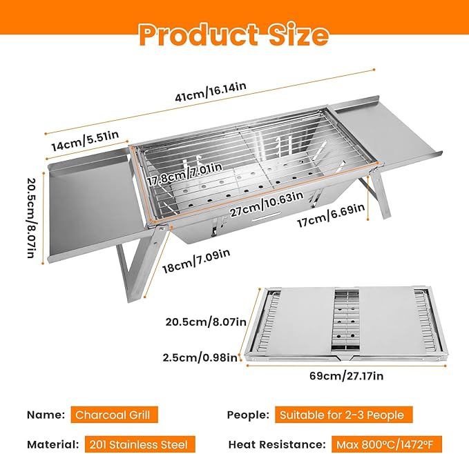 Portable Charcoal Grill, 3 In 1 Stainless Steel Foldable Table Top Charcoal Small Grill, Camping Smoker BBQ Grill with Storage Shelf for Outdoor Cooking, Travel, Camping, Backyard