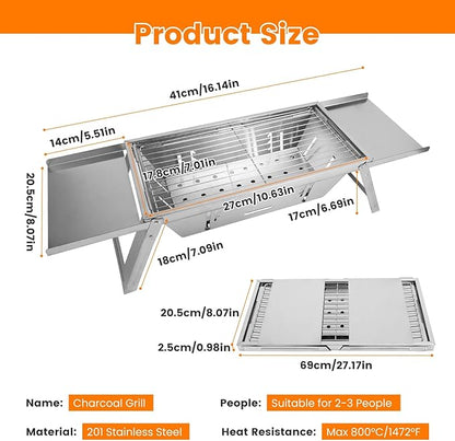 Portable Charcoal Grill, 3 In 1 Stainless Steel Foldable Table Top Charcoal Small Grill, Camping Smoker BBQ Grill with Storage Shelf for Outdoor Cooking, Travel, Camping, Backyard