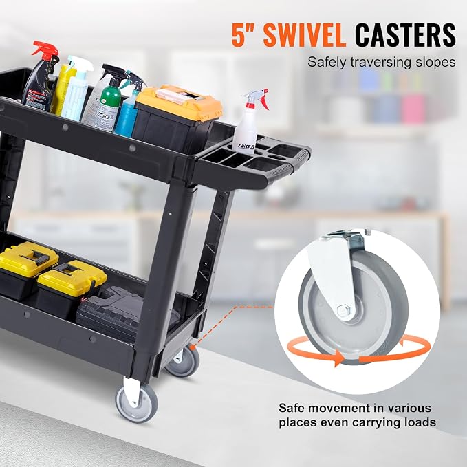 VEVOR Utility Service Cart, 2 Shelf 550LBS Heavy Duty Plastic Rolling Utility Cart, Medium Lipped Shelf, 360° Swivel Wheels, Ergonomic Storage Handle for Warehouse Garage, Black | Heavy Duty Rolling Cart with 360° Swivel Wheels, Medium Lipped Shelf, Er...