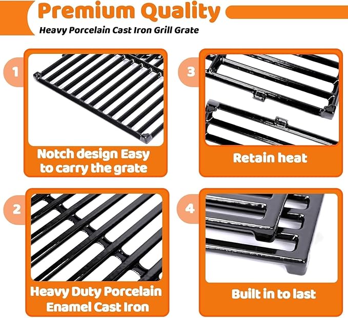 Uniflasy 7638 Grill Grates 7636 Flavorizer Bars for Weber Spirit 300 and Spirit II 300 Front Control, E310 E320 E330 S310 S320 S330 SP310 SP330, Porcelain-Enameled Cast Iron, 7-Pack 3-Burner Heat Kit