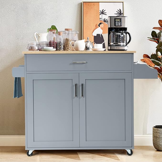 COSTWAY Kitchen Island On Wheels, Rolling Storage Trolley Cart | with Large Cabinet, Drawer, Spice Rack and Towel Rack, Kitchen Serving Utility, 3-Position Adjustable Shelf (Grey)