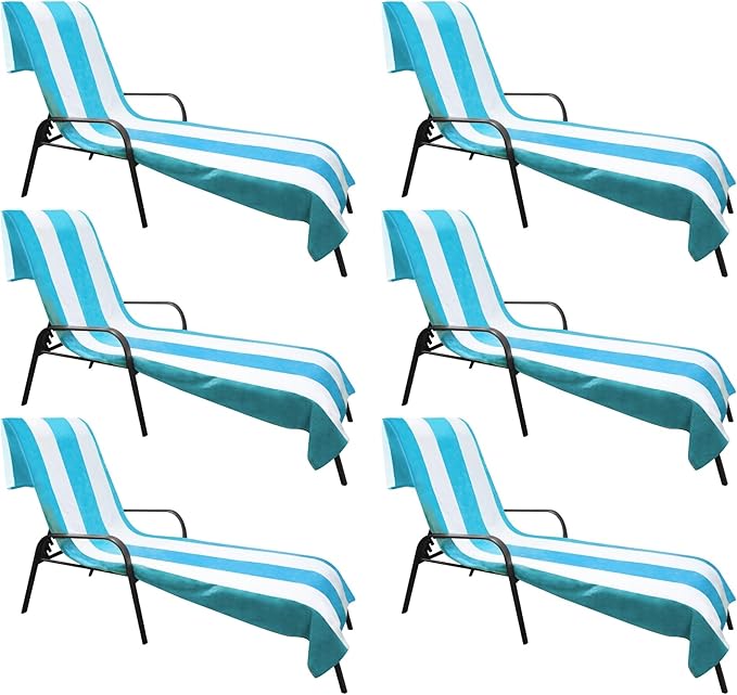 Superior Cabana Cotton Lounge Chair Cover, Outdoor Towel/Chaise Furniture Covers, Terry Cloth, Beach, Spa, Swim Accessories, Pool Chair Cover, Soft, Quick Drying, 32" x 102", Set of 6, Turquoise