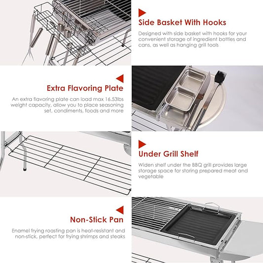 TeqHome Portable Charcoal Grill, Large Stainless Steel Folding BBQ Grill, Foldable Barbecue Grill with Storage Shelf for Camping BBQ Garden Backyard Party Picnic Outdoor Cooking Kabob, 39x13.4x28 inch