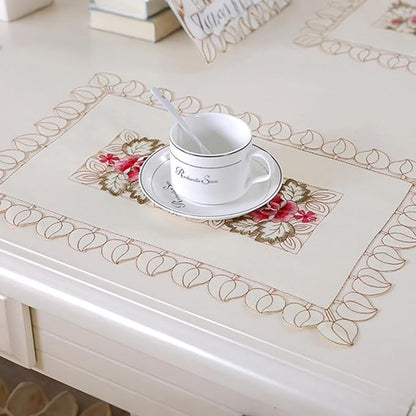 LeLehome Set of 4 Flower Embroidered Placemats, Oblong White Leaves Rose Lunchmats Place Mats, Home Kitchen Dining Restaurant Party Indoor Decor Table Mats, 18 Inch X 12 Inch