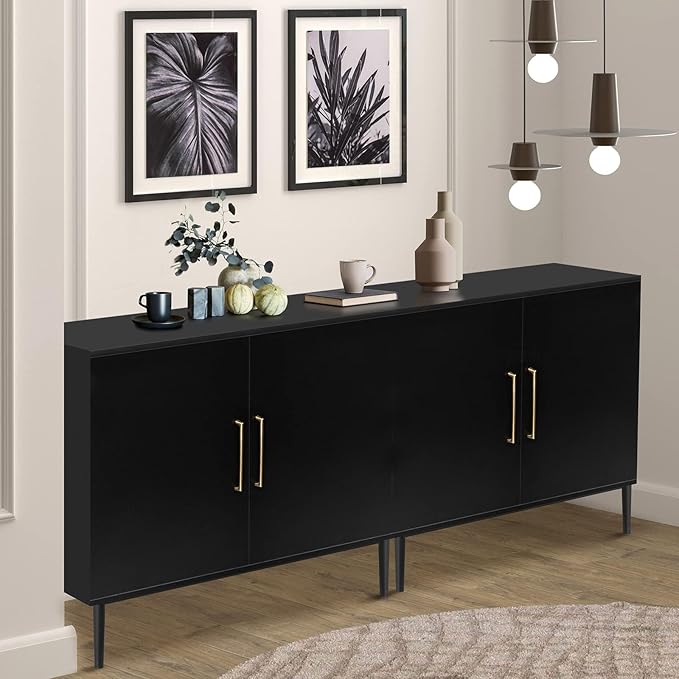 Set of 2 Storage Cabinet with Doors, Modern Black Accent Cabinet, Free Standing Cabinet, Wooden Buffet Sideboards for Living Room, Kitchen, Home Office