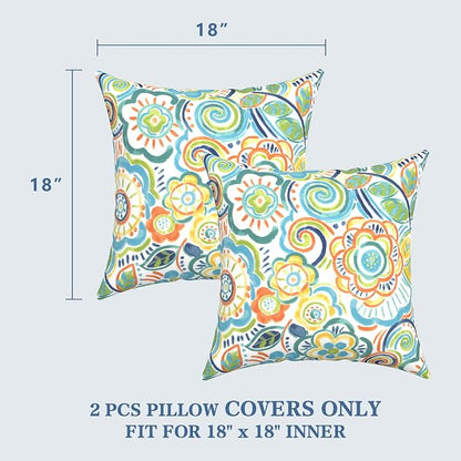 LVTXIII 2 Pack Outdoor Pillow Covers ONLY 18x18 Inch, Water-Repellent Square Decorative Cushion Covers for Patio Furniture, Garden, Sofa, Flower Blue