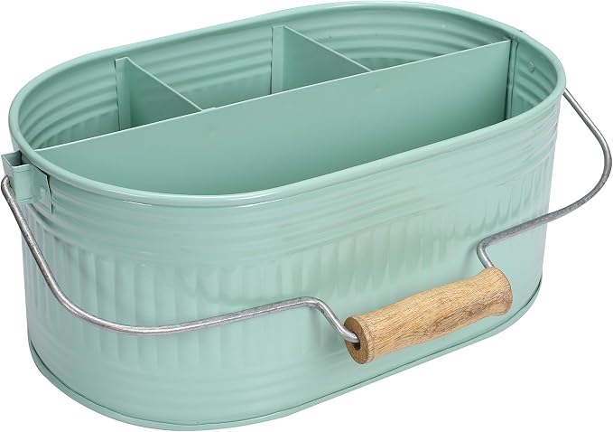 Alpha Living Home Farmhouse Utensil Caddy Carry-All Serveware-Galvanized Metal Organizer for Kitchen Counter-Comfort Wooden Handle In/Outdoor Storage For Flatware,Condiments,Party Cutlery,Arts-TEAL