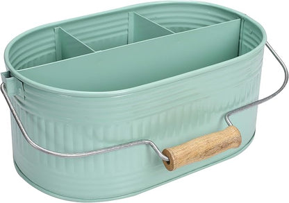 Alpha Living Home Farmhouse Utensil Caddy Carry-All Serveware-Galvanized Metal Organizer for Kitchen Counter-Comfort Wooden Handle In/Outdoor Storage For Flatware,Condiments,Party Cutlery,Arts-TEAL