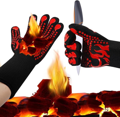 BBQ Gloves - Ideal for Outdoor Grill Gloves- Cooking Glove Heat Resistant up to 1472℉ Grilling Glove Extended Wrist for Additional Safety, Oven Glove/Kitchen Gloves for Oven- Women/Men Dad for Gifts