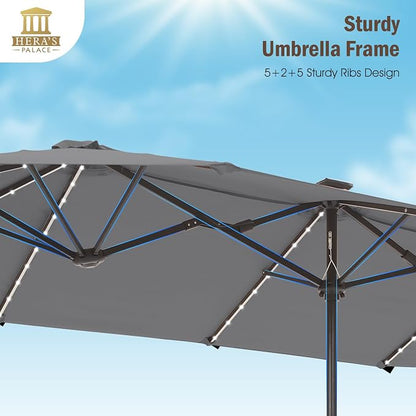 HERA'S PALACE 13 ft Patio Umbrella with 120 LED Solar Lights Double Sided Outdoor Umbrella for Patio 8 Colors Changing Table Umbrella for Garden Pool, Smoky Gray