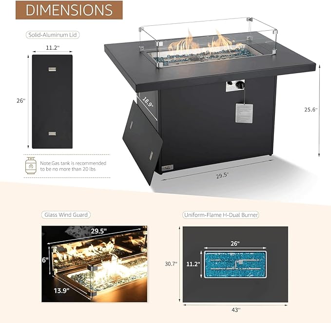 BULEXYARD 43" Aluminum Propane/Natural Gas Fire Pit Table, 60,000 BTU Rectangle Outdoor Patio Firepit Table with Cover, Lid & Wind Guard, Modern CSA-Certified Fireplace for Outside Patio, Dark Grey