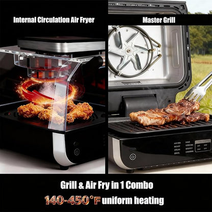 OLIXIS Electric Grill Outdoor/Indoor, 8-in-1 Multifunctional Large Electric BBQ Grill for Air Fry, Bake, Roast, Steak, Broil and Dehydrate, Safe Non-Stick Coating, Fry Basket Included