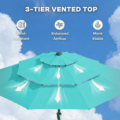 10ft 3-Tier Patio Umbrella with 32 Solar Powered LED Lights, Windproof Outdoor Market Umbrella for Deck, Poolside & Garden, Sturdy Push-Button Tilt Table Umbrella, Aqua Blue