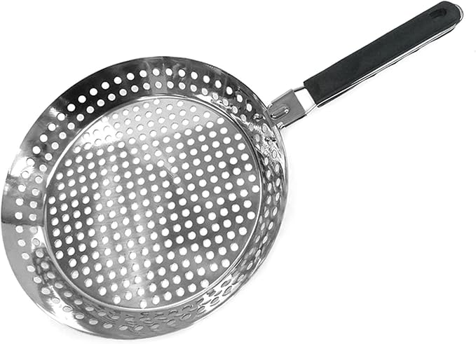 12" Stainless Steel Grill Skillet & Deep Fryer Strainer Basket with Removable Handle - BBQ Grill Pan for Seafood & Vegetables - Outdoor Camping & Backpacking Grilling Accessory by Mr. Bar-B-Q 06753Y
