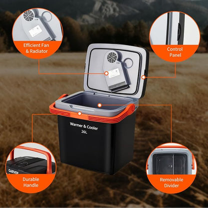 Garvee 26 L Electric Cooler & Warmer, Portable Car Refrigerator with Auto-Lock Handle, 12V DC for Cars & Trucks, Equipped with 110V AC Household Power Cord, Plug-in Cooling Fridge, Black&Orange