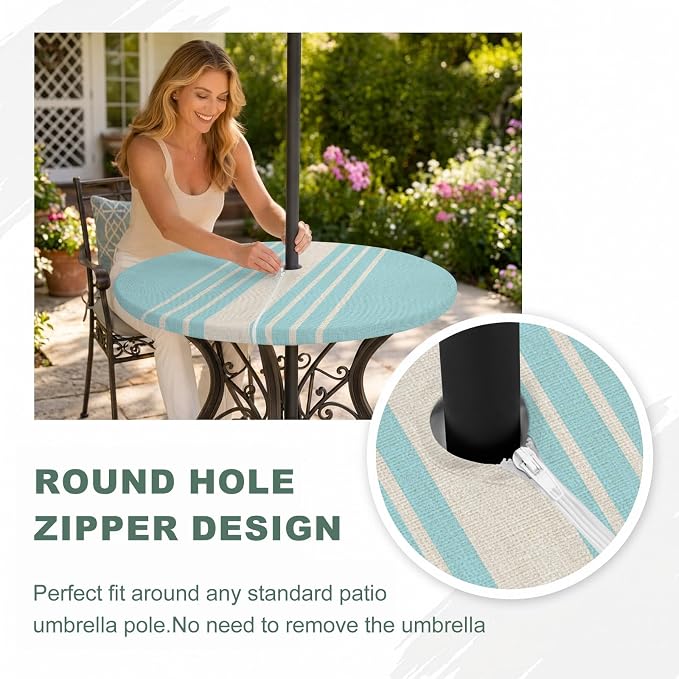 Outdoor Fitted Tablecloth with Umbrella Hole and Zipper, Lake Blue Beige Striped Elastic Round Patio Table Cover, Farmhouse Retro Lines Modern Table Protector for Backyard BBQ Party 45''-54''