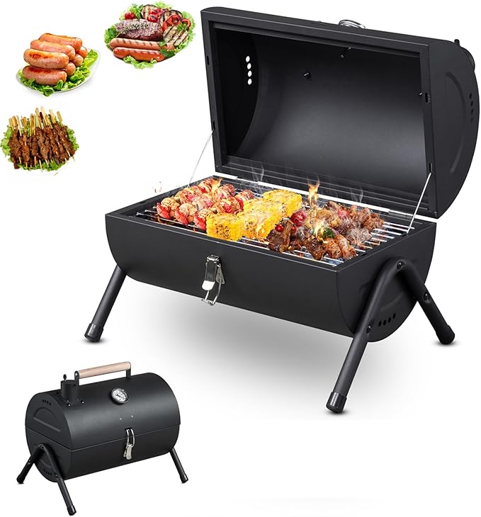 15" Portable Charcoal Grill with Thermometer & Wooden Handle, Compact Tabletop Barbecue Grill for Outdoor Camping BBQ Grilling Backyard Party Cooking, Asadores de Carbon (Black)