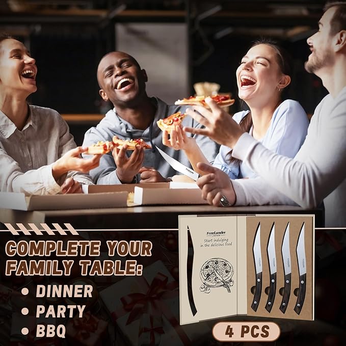 Freelander 4-Piece Pizza Knife Cutter Set, Sharp Serrated Stainless Steel Blades, Full Tang Forged Design, Ergonomic Non-Slip Handle, Durable, Rust-Resistant & Dishwasher Safe