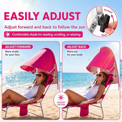 Backpack Beach Tanning Lounge Chair with Canopy Shade Face Hole Padded Adjustable Washable, 6 Position Layout Chair for Outside Sunbathing Poolside Lawn, UPF 50+ Wind-Resistant Sun Shade, 2Pack