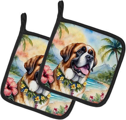 Caroline's Treasures Saint Bernard Luau Pair of Pot Holders Kitchen Heat Resistant Pot Holders Sets Oven Hot Pads for Cooking Baking BBQ, 7 1/2 x 7 1/2
