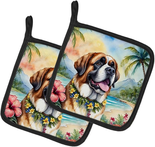 Caroline's Treasures Saint Bernard Luau Pair of Pot Holders Kitchen Heat Resistant Pot Holders Sets Oven Hot Pads for Cooking Baking BBQ, 7 1/2 x 7 1/2