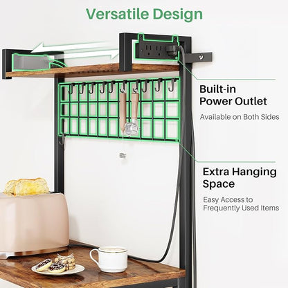 SNTD Bakers Rack with Power Outlet, Microwave Stand, Rustic Brown, 23.5" W | Coffee Stand, 4 Tiers Kitchen Storage Shelves, Wire Grid Panel, 10 Hooks, Metal Frame, Triple X-Shaped Reinforcement