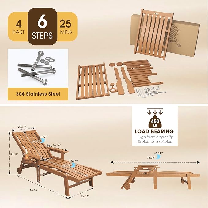 THOEOE Patio Chaise Lounge Chair Set of 4, Oversized Lounge Chair Outdoor with 5 Positions, 78″ Long, HDPE, Patio Lounge Chair with Wheels & Cup Holder for Pool, Deck, Poolside,Wood