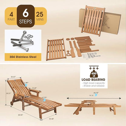 THOEOE Patio Chaise Lounge Chair Set of 2, Oversized Lounge Chair Outdoor with 5 Positions, 78″ Long, HDPE, Patio Lounge Chair with Wheels & Cup Holder for Pool, Deck, Poolside,Wood