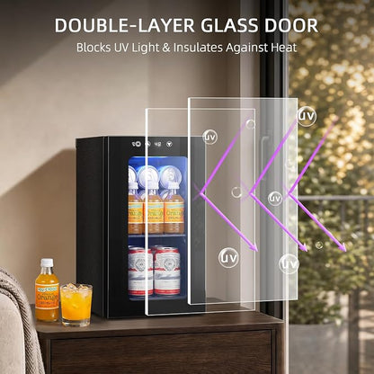 Antarctic Star Beverage Refrigerator, 10L Portable mini fridge with Electronic Temperature Control, 40-61°F Glass Door, Small Drink Fridge for Bedroom, Dorm, Office, Bar & Kitchen