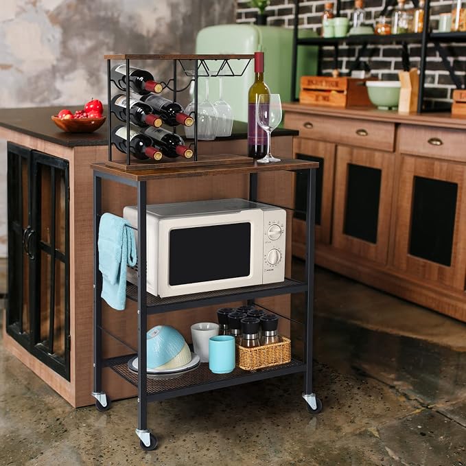LIANTRAL Rolling Cart, 3-Tier Microwave Cart Kitchen Storage On Wheels | Brown Utility Cart for Bar Coffee Large Side End Table Nightstand for Home Office