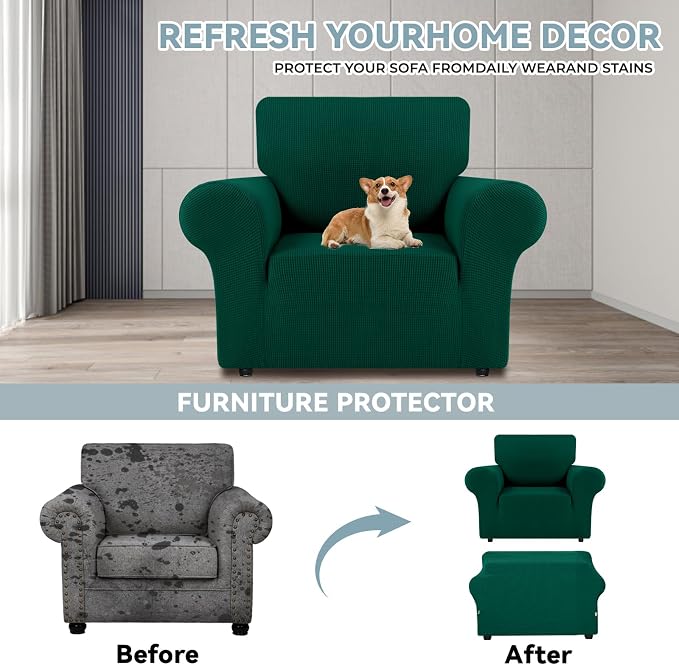 LURKA Stretch Chair Cover for Sofa, 1 Piece Armchair Slipcover, Dark Green | Soft Stretch Jacquard, Fits 31"-55" Armchairs, Elastic Bottom for Secure Fit, Machine Washable, Pet & Kid Friendly