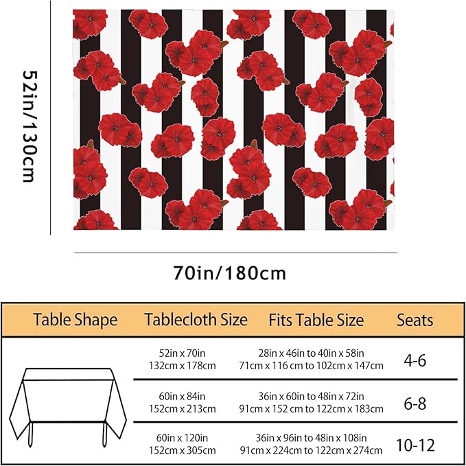 TKS MITLAN Black White Stripe Tablecloth 52 x 70 Inch Rectangular Red Flower Poppy Petal Bloom Bright Color Plant Oblong Table Cloth Kitchen Table Decorations for Home Dinner Party