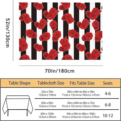 TKS MITLAN Black White Stripe Tablecloth 52 x 70 Inch Rectangular Red Flower Poppy Petal Bloom Bright Color Plant Oblong Table Cloth Kitchen Table Decorations for Home Dinner Party