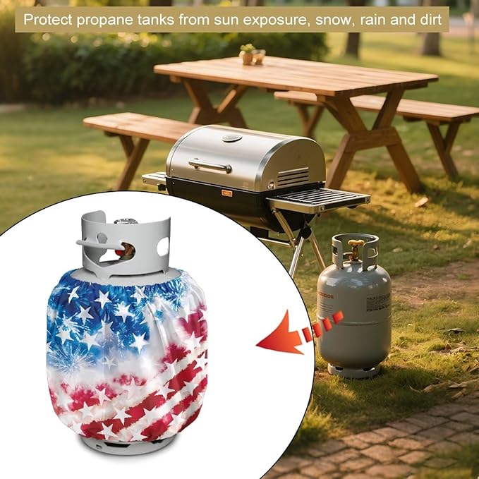 Dual Propane Tank Cover 20 lb Patriotic American Flag Weather Resistant Gas Cylinder Polyester Blue Red 4th of July Decoration for Travel Trailer RV and Outdoor Use
