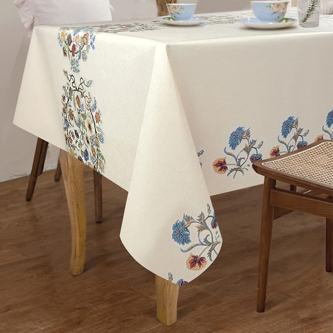 AIRCOWRIE Waterproof Vinyl Tablecloths, Heavy Duty Oil Proof Spill Proof Plastic Table Cloth, Wipe Clean PVC Table Cover for Spring Indoor and Outdoor Use (Embroidery Flower, 54”×120”, Rectangle)