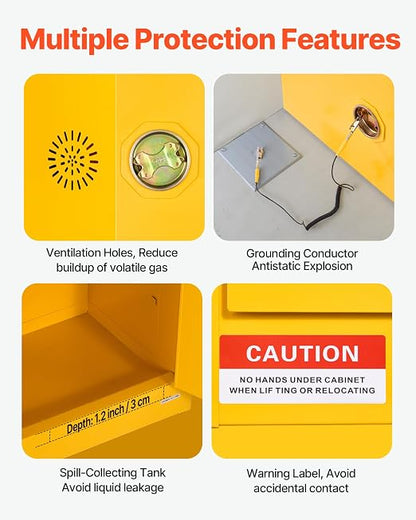 VEVOR Flammable Cabinet 18" x 43" x 46", 29 Gallon Flammable Storage Cabinet with Adjustable Shelf, Cold-Rolled and Galvanized Steel Fire Cabinets, for Commercial Industrial Home Use, Yellow