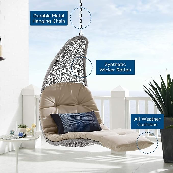 Modway Landscape Wicker Rattan Outdoor Patio Porch Chaise Lounge Hanging Swing Chair in Light Gray, Beige