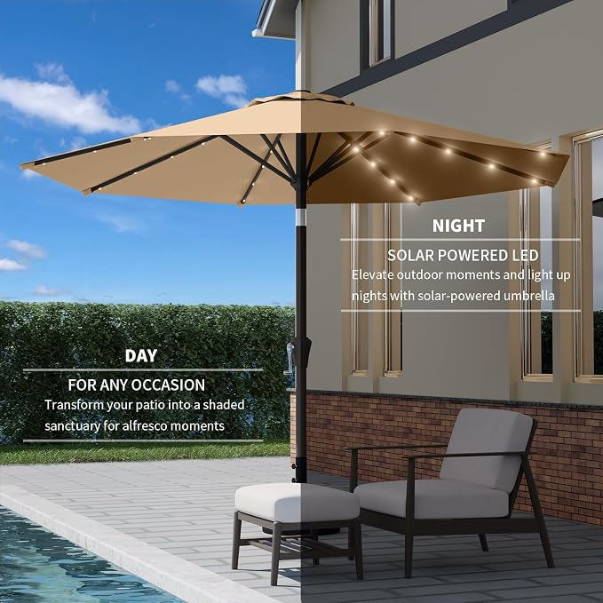 9FT Patio Umbrella with Solar Lights,Outdoor Market Umbrella with Tilt and Crank, LED Lighted Table Umbrella for Garden,Deck,Backyard,Pool,Beach (Khaki)