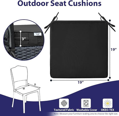 IPYNBAP Outdoor Chair Cushions Set of 4 -Waterproof Outdoor Seat Cushions for Patio Furniture, Patio Chair Cushion with Handle and Ties, Out Door Chair Pads,19x19x3-Square, Black
