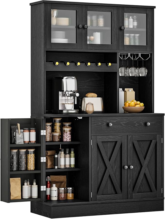DWVO 71''H Pantry Cabinet with Drawer, Doors, Goblet Holder, Wine Rack for Storage, Pantry Cabinet with Power Outlet for Kitchen & Living Room (Black Oak) | Tall Cabinet with Doors, Shelves & Drawer, Buffet Cabinet with Goblet Holder and Wine Rack for ...