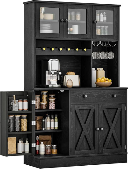 DWVO 71''H Pantry Cabinet with Drawer, Doors, Goblet Holder, Wine Rack for Storage, Pantry Cabinet with Power Outlet for Kitchen & Living Room (Black Oak) | Tall Cabinet with Doors, Shelves & Drawer, Buffet Cabinet with Goblet Holder and Wine Rack for ...
