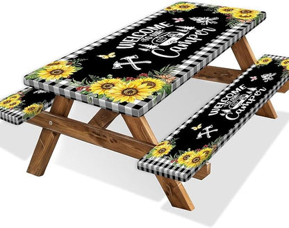 Sunflower Plaid Picnic Table Cover with Bench Covers and Bag, Camping Essentials, Checkered Floral Waterproof Windproof, Fitted Tablecloth Cover with Elastic Edge, Garden & Outdoor, 3 PCS, 30x96 Inch
