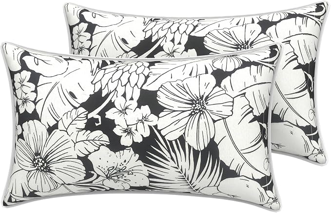 LVTXIII 2 Pack Outdoor Lumbar Pillow Covers 12x20 Inch with Piping, Water-Repellent Back Cushion Covers ONLY for Patio Furniture, Sofa, Garden Bench, Noir Floral