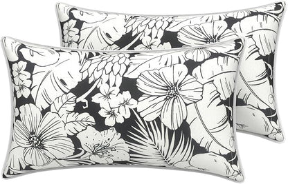 LVTXIII 2 Pack Outdoor Lumbar Pillow Covers 12x20 Inch with Piping, Water-Repellent Back Cushion Covers ONLY for Patio Furniture, Sofa, Garden Bench, Noir Floral