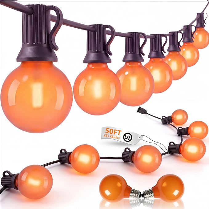 50FT Halloween Orange G40 LED Outdoor String Lights Plug in, 25 Globe Bulbs | Waterproof Patio Lights, Connectable Halloween Decorative Outdoor Lights for Party, Porch, Garden, Yard, Balcony, Backyard