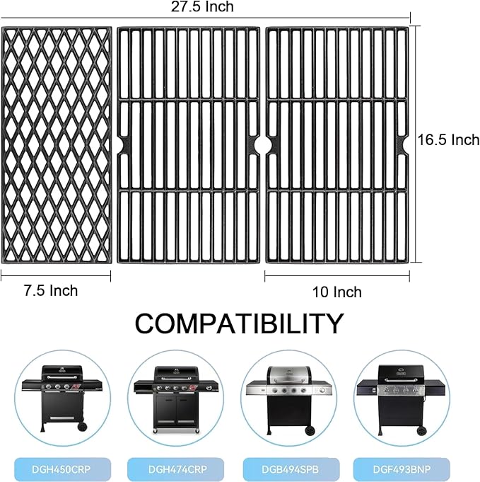 Uniflasy 70-01-911 70-02-614 Grill Grates for Dyna Glo DGH450CRP DGH450CRP-D DGF493BNP DGH474CRP DGH485CRP Grill Replacement Parts 4 Burner 3pcs Cast Iron Grate